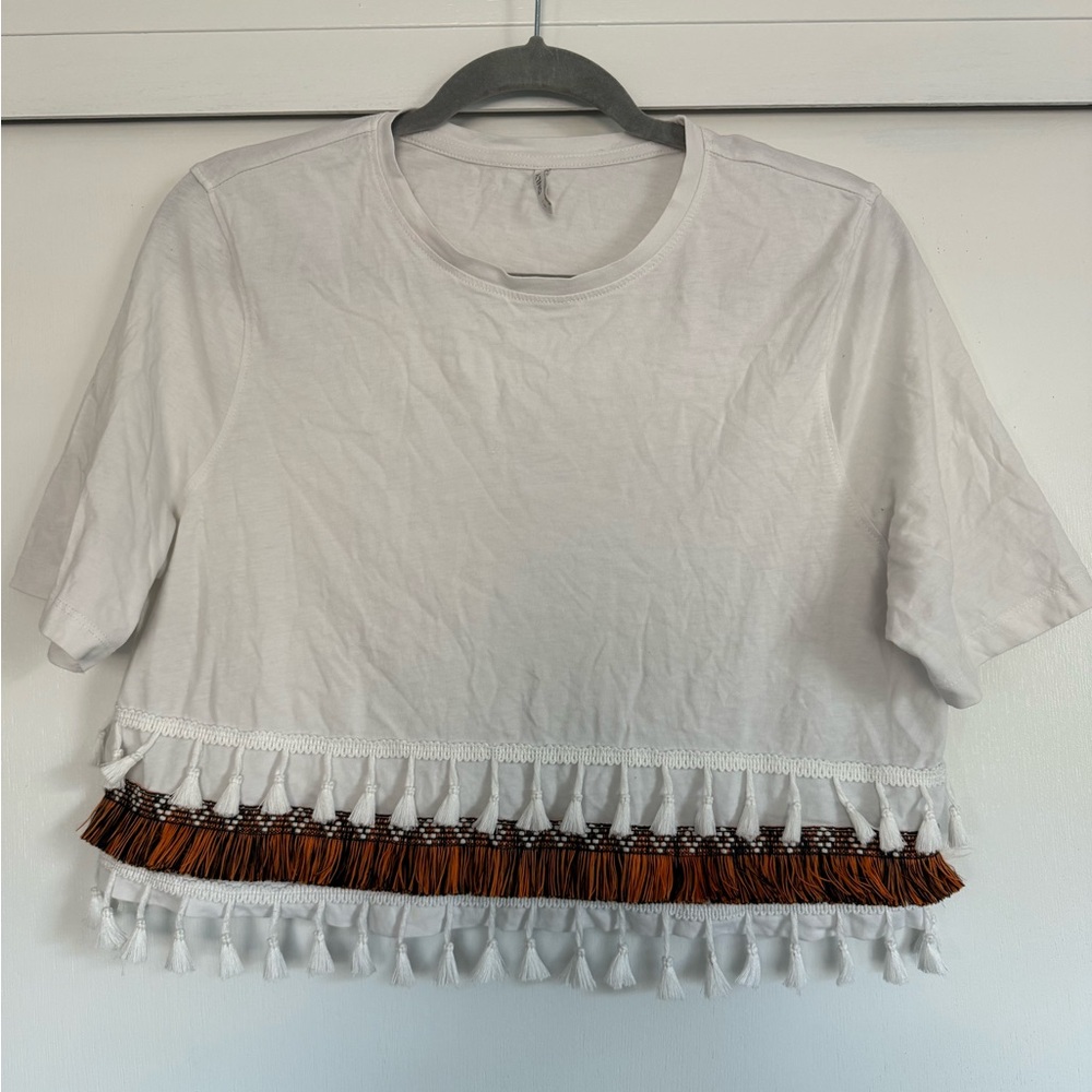 Only White Crop Top with Brown Tassel Trim